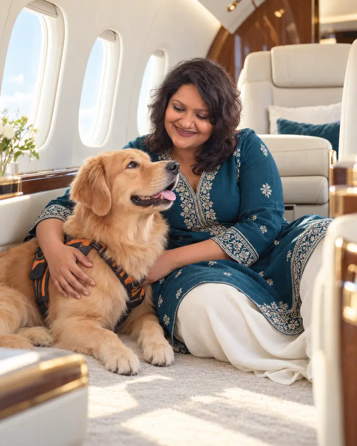 Bhakti Kirit Mehta with Buddy in an aircraft cabin