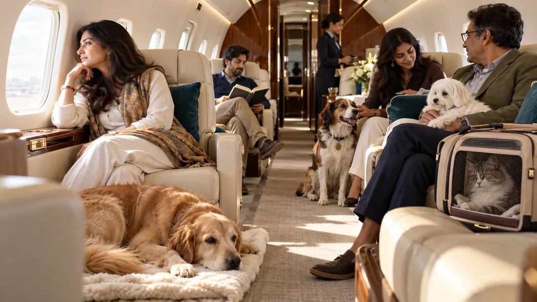 Several families and their clearly visible pets sharing a private jet cabin