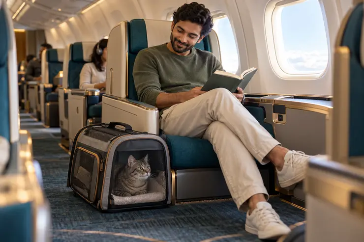 A pet parent with a cat in a carrier beside his seat