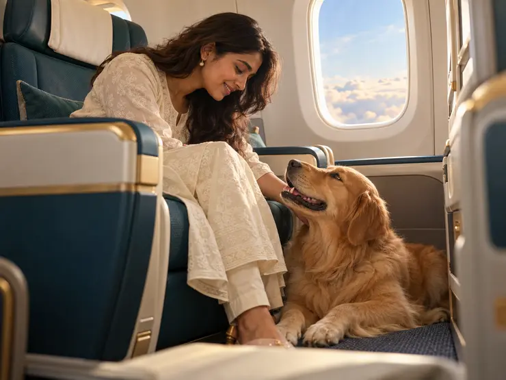 A pet parent and golden retriever together in an aircraft cabin