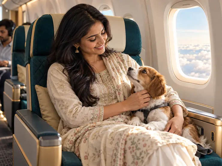 A pet parent cuddling a small dog during a flight