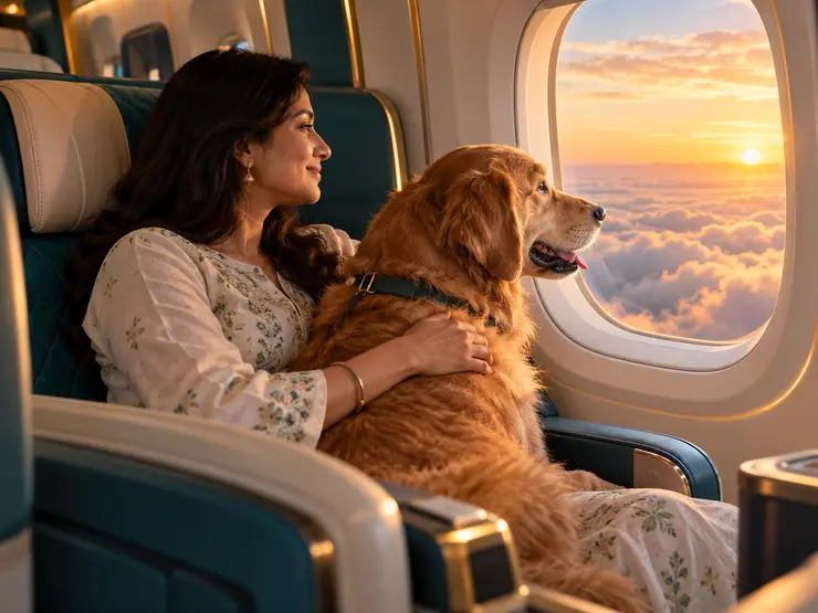 A pet parent and retriever looking toward the sunrise from an aircraft cabin