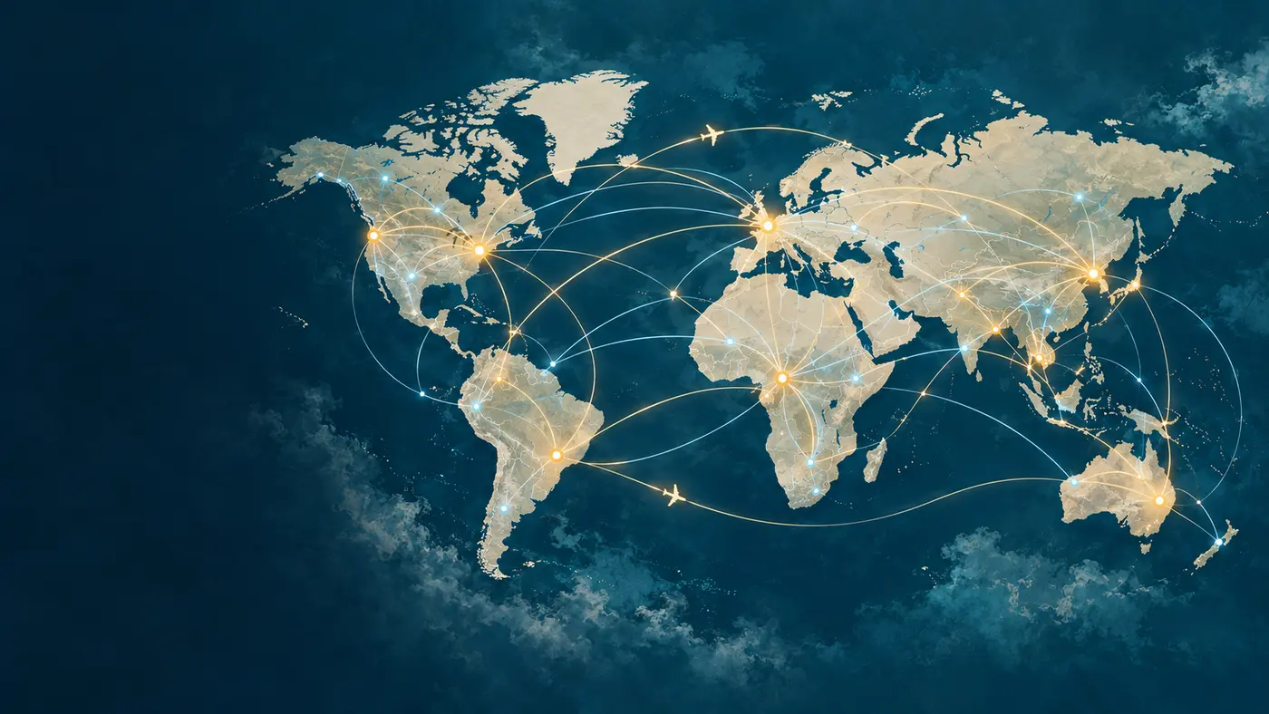 Illustrative world map with glowing routes representing a future global Buddy Air network