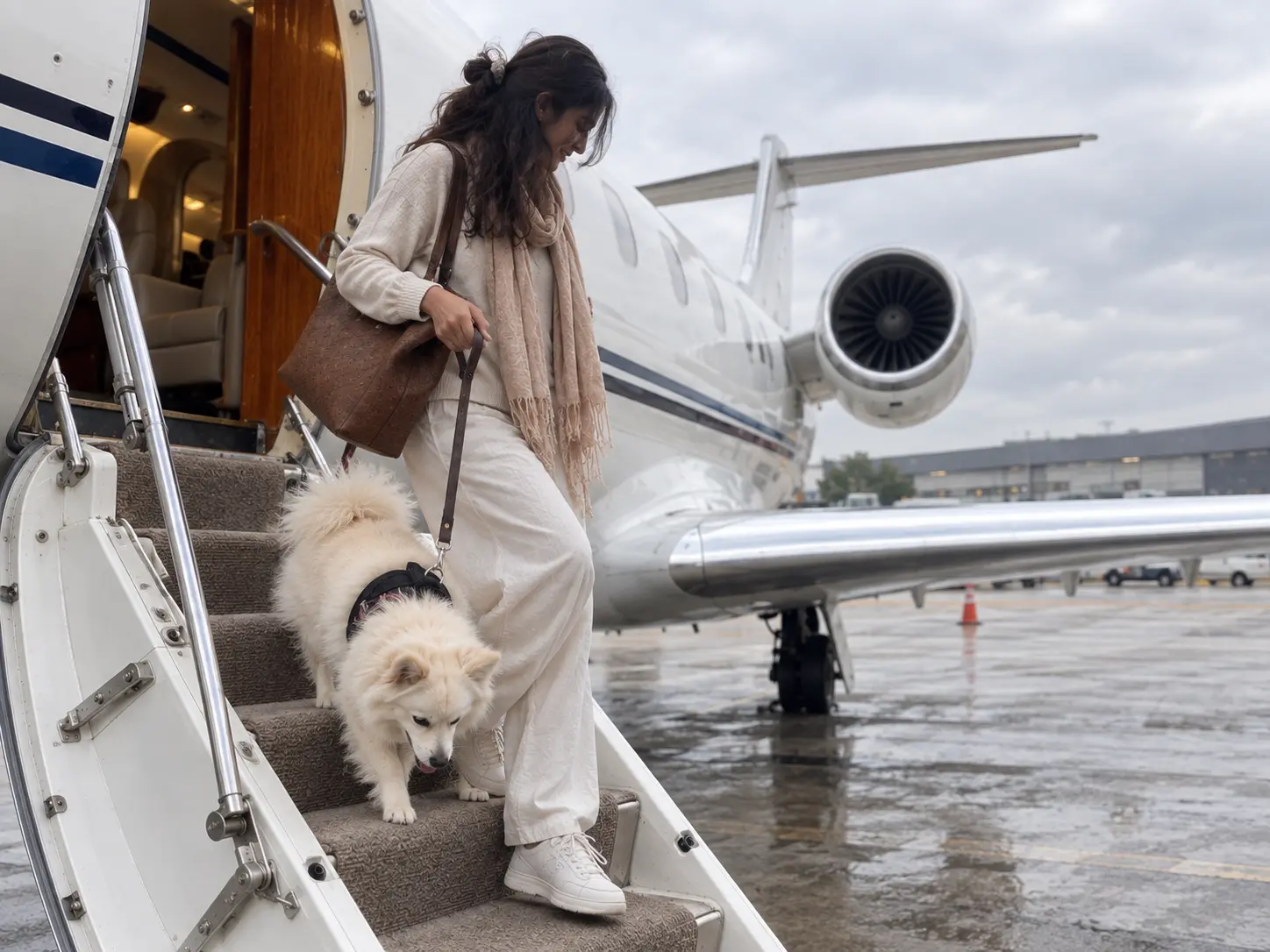Passenger and pet walking down the steps of a private aircraft together