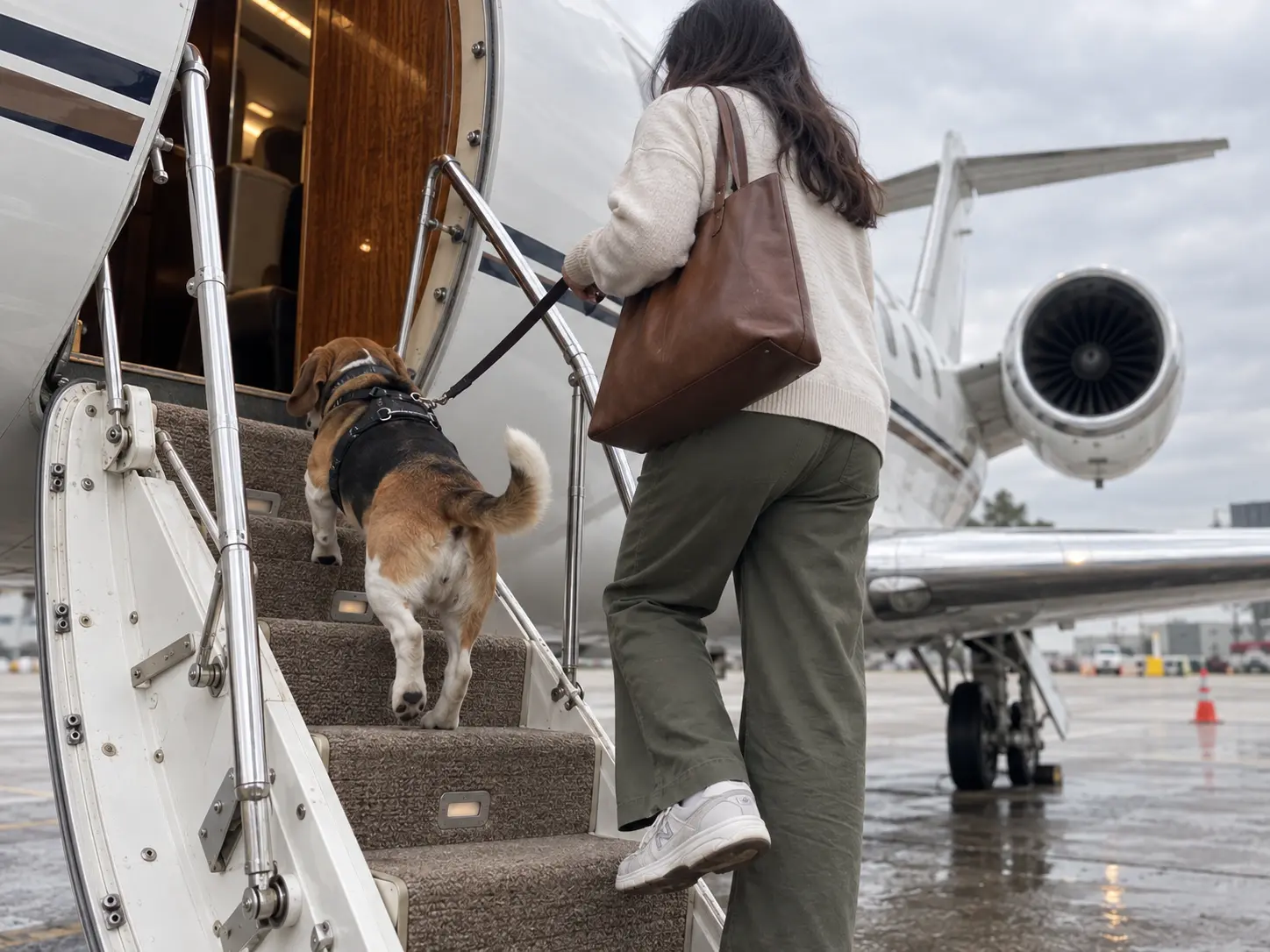 A passenger boarding a private aircraft with a dog on a harness