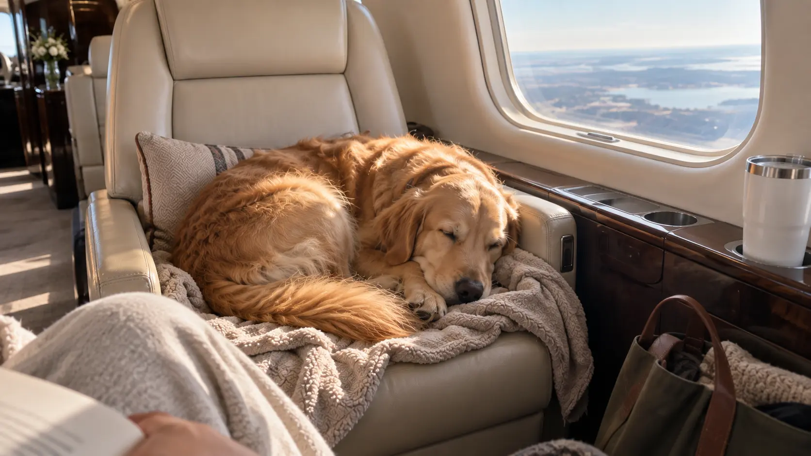 A golden retriever sleeping peacefully in a private aircraft cabin