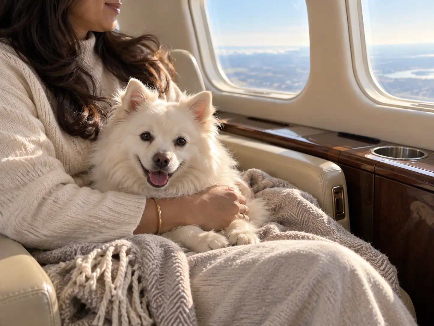 Passenger relaxing comfortably beside a pet in a private aircraft cabin
