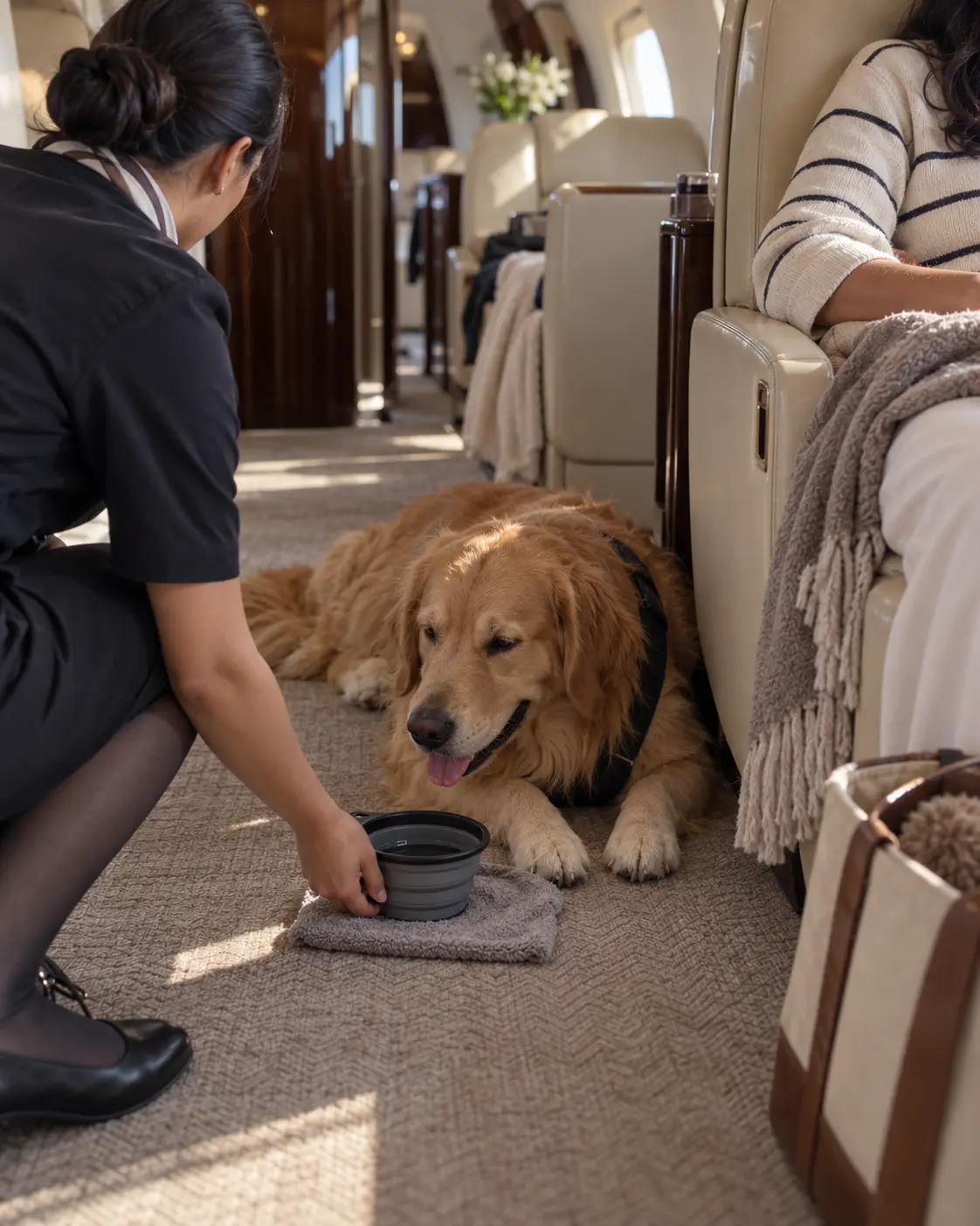 Cabin crew attending to a pet during a private flight