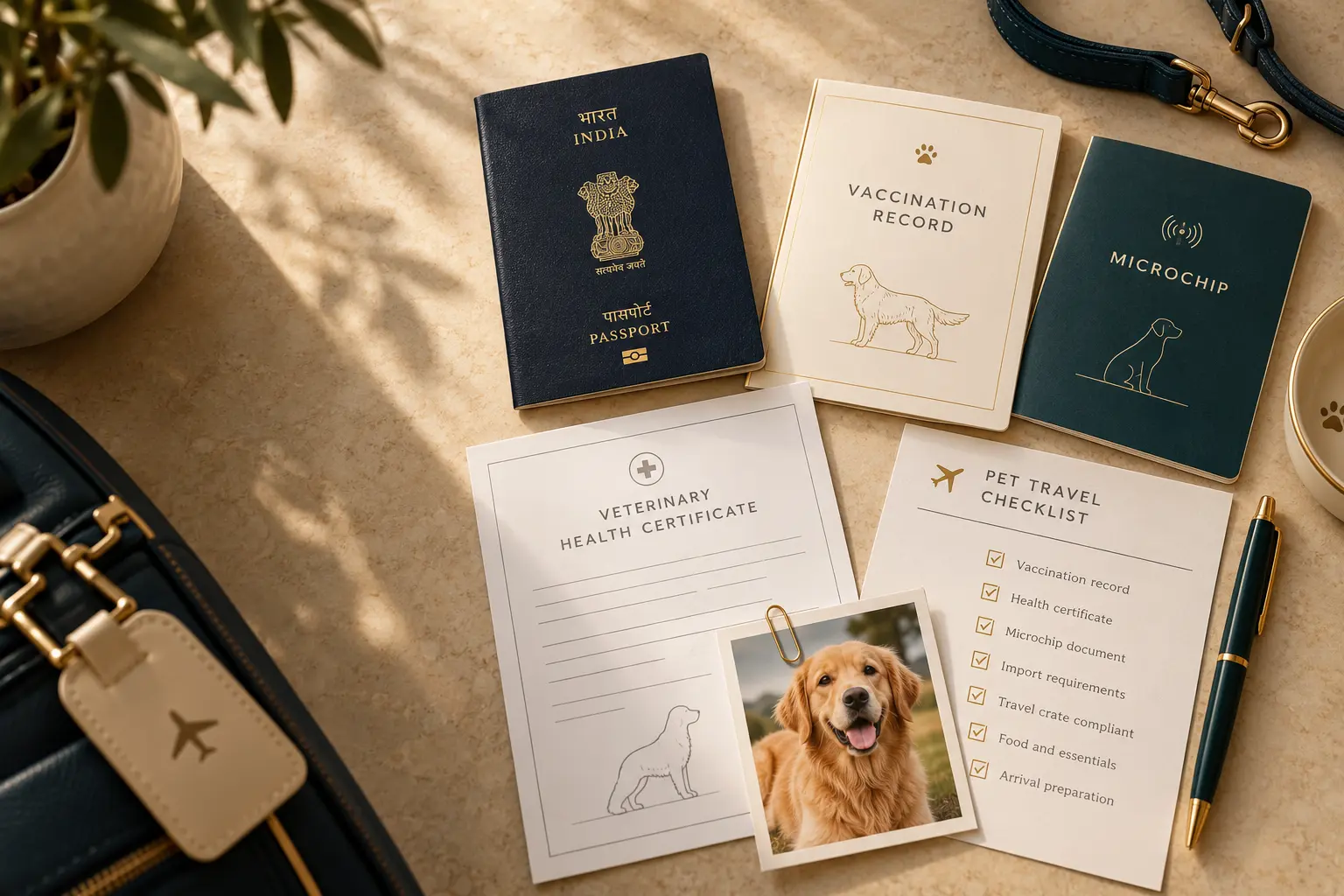 Indian passport, pet vaccination record, veterinary health certificate, microchip document and pet-travel checklist