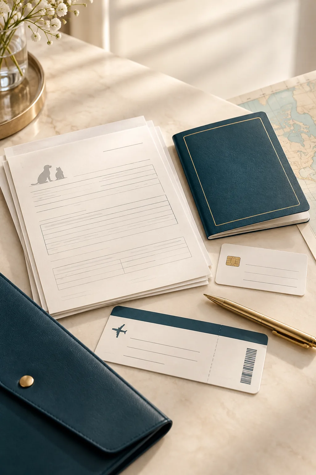 Pet travel forms, a document folder, identification record and boarding document arranged on a desk